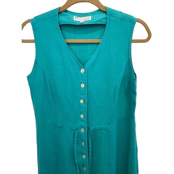 F.L. Malik Sleeveless Button Front Tie Waist V-Neck Linen Maxi Dress Size Medium - Picture 5 of 5